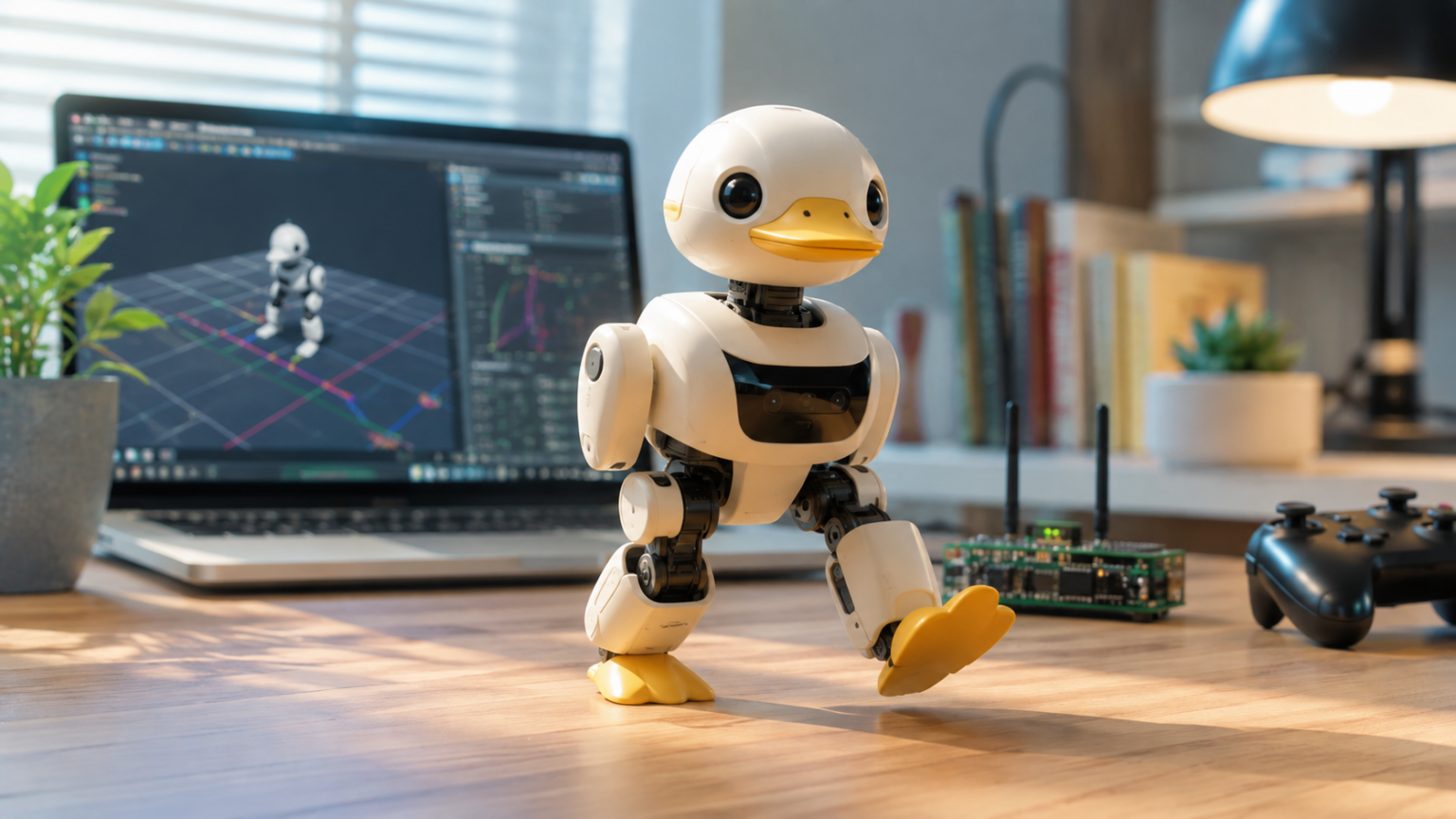 あひる型の小型AIロボットを自宅で学習させる様子をイメージした画像