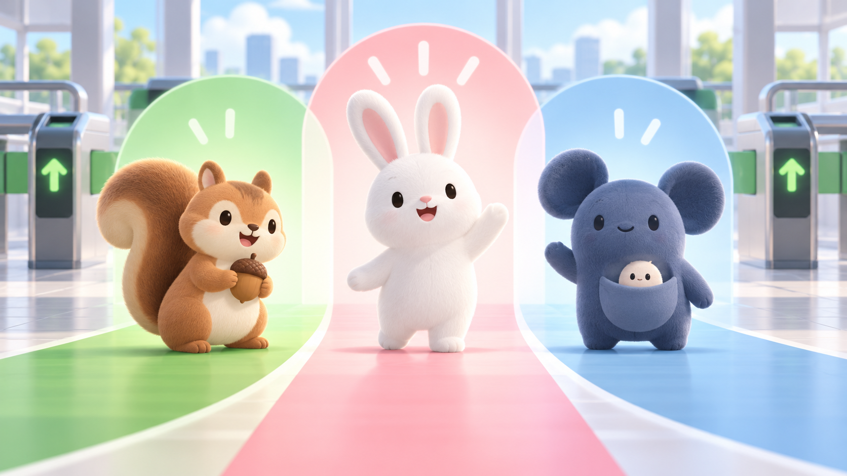 Suica新キャラクター候補3案をテーマにした、3体のオリジナルマスコットが駅で並ぶイメージ
