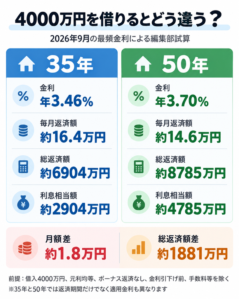 4000万円を借りた編集部試算で、35年は月約16.4万円・総額約6904万円、50年は月約14.6万円・総額約8785万円となる比較