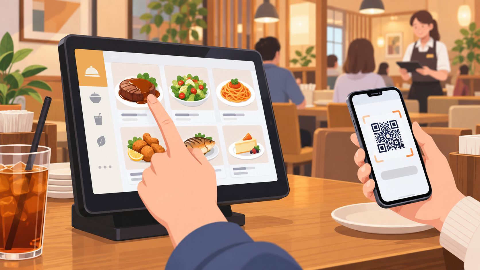 飲食店の注文用タッチパネルとQRコードを読み取るスマートフォンを対比したイメージ
