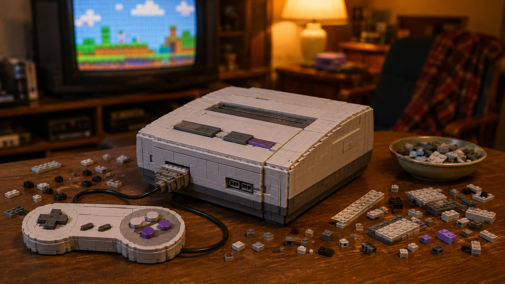 1990年代風のレトロゲーム機をブロックで実物大に組み立てる様子のイメージ