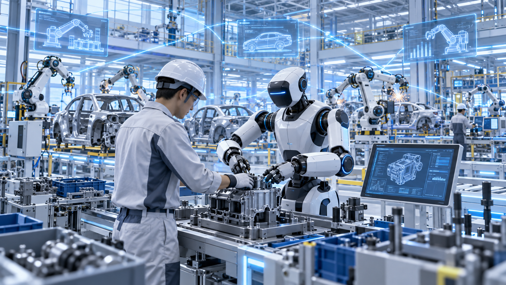 フィジカルAIを活用するロボットと人が協働する未来の自動車工場のイメージ