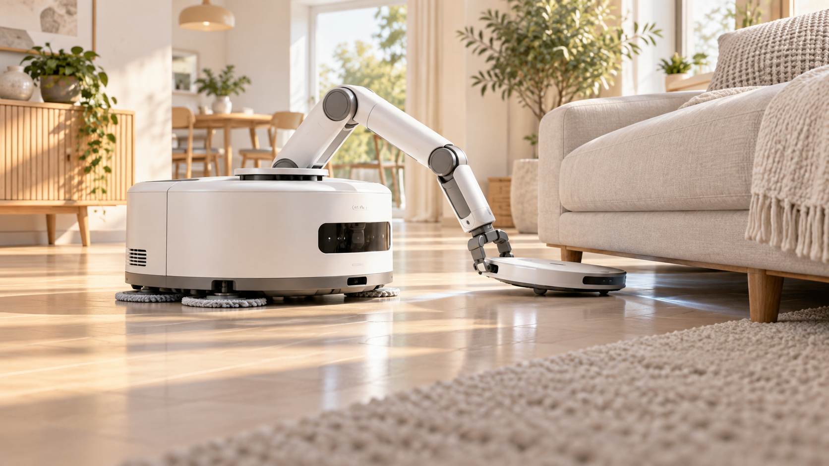 大型の清掃ロボットが小型ロボットを床へ降ろし、家具下の掃除を分担するイメージ