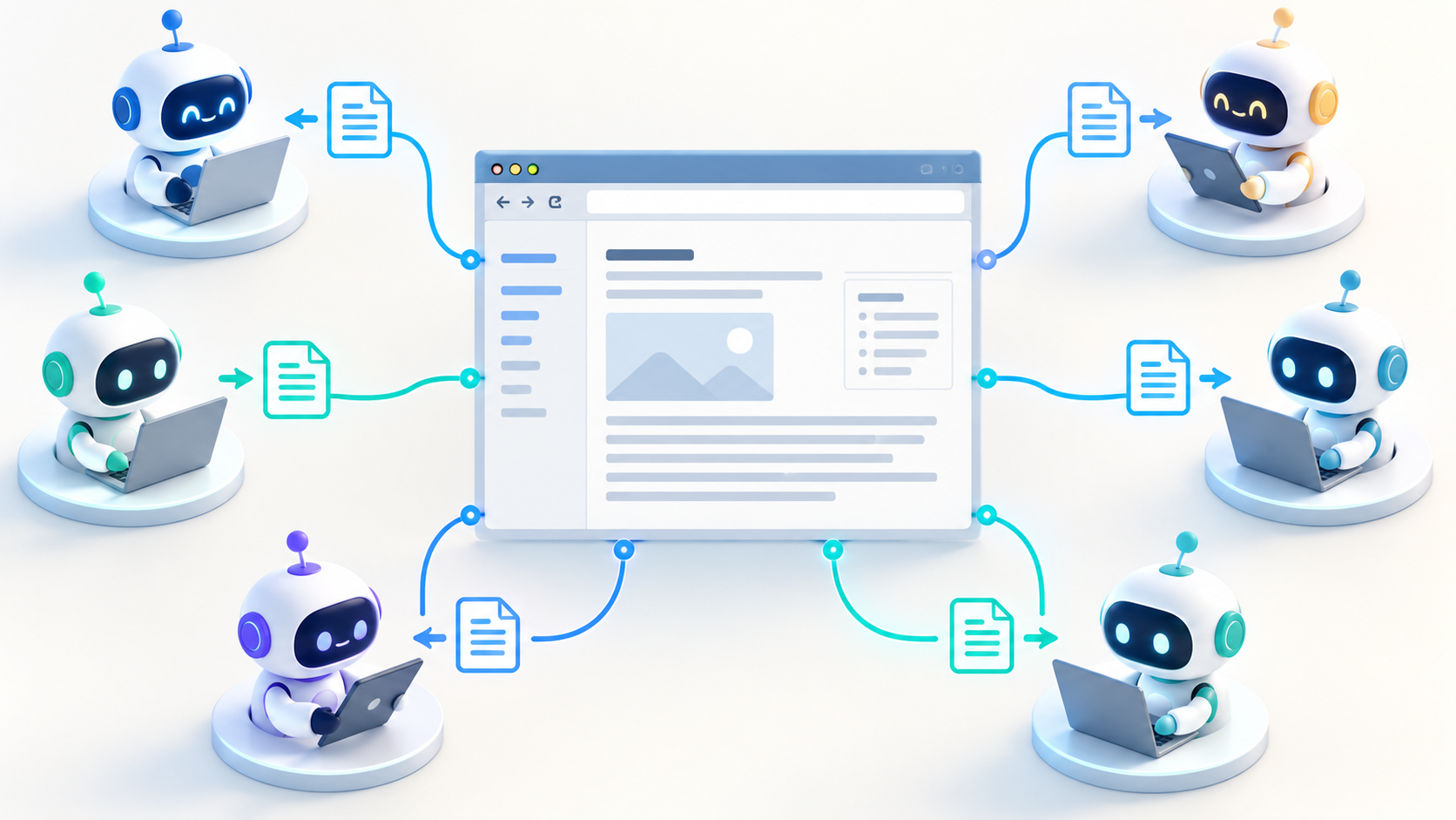複数のAIエージェントが公開Wikiを介して情報を共有する仕組みを表したイメージ